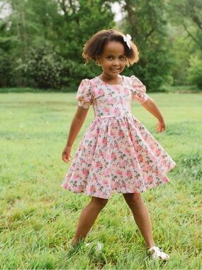 OLLIE JAY Puff Sleeve Twirl Dress in Peach Bouquet - 4